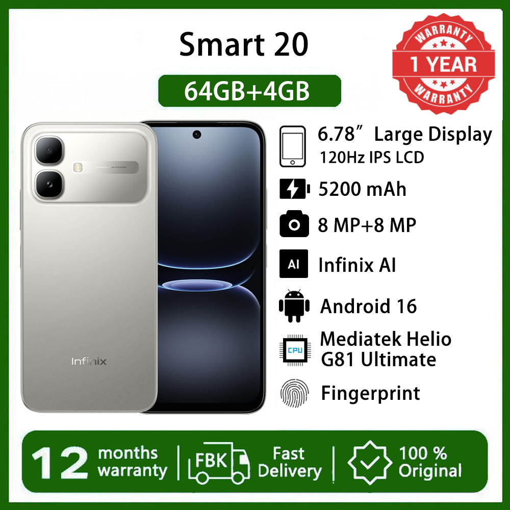 Infinix Smart 20 6.78" 120Hz Display 64GB+4GB 5200mAh Long-Life Battery 4G Dual SIM IP64 Waterproof 15W Charging NFC Fingerprint Lock Android16 Mediatek Helio G81 Ultimate  AI Smart Phones