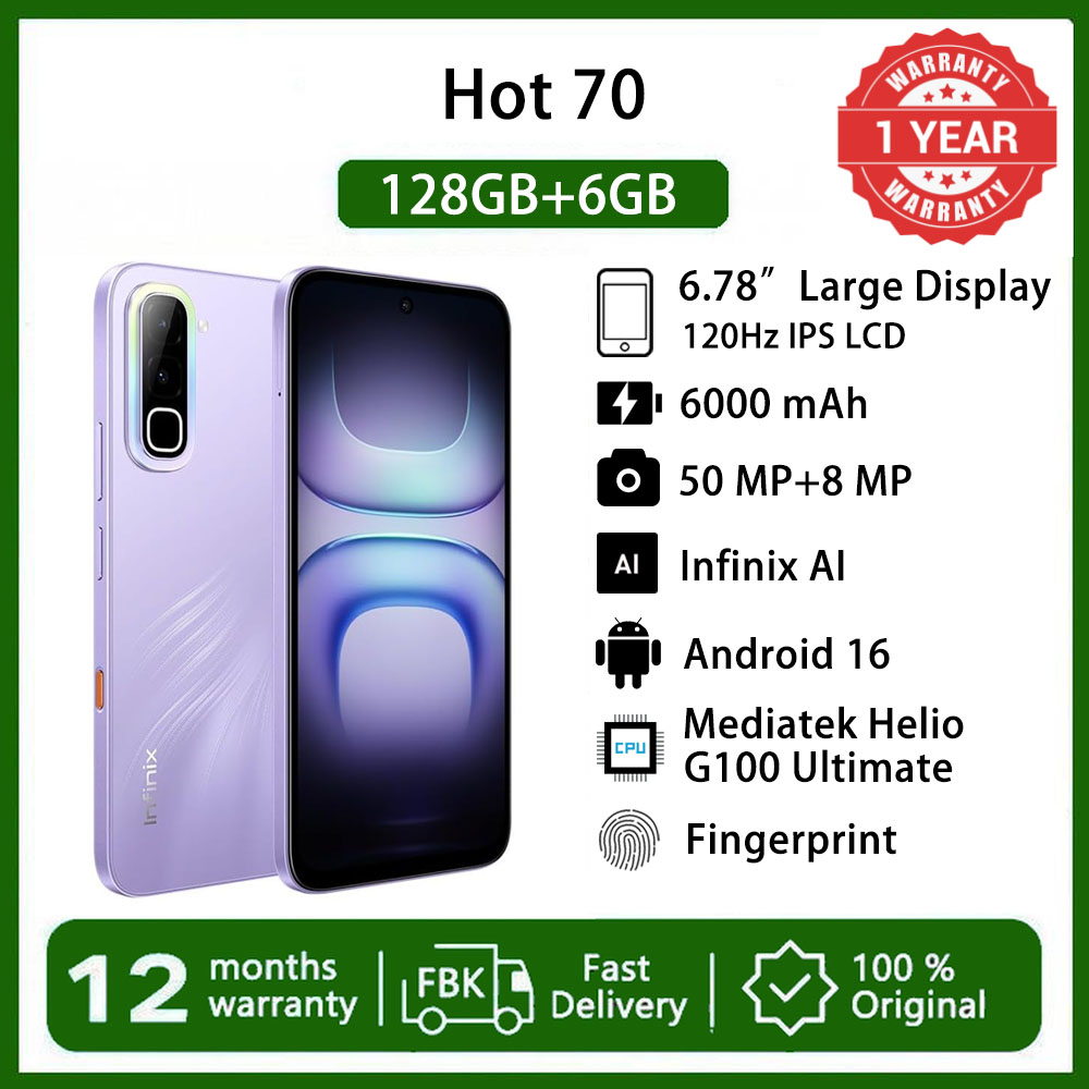 Infinix Hot 70 12(6+6)GB RAM+128GB  6.78'' 120Hz 4G Slim Phone Dual SIM 6000mAh 45W Fast Charging 50MP Camera Android 16 Side Fingerprint Lock IP65 Helio G100 Ultimate One-Tap AI Smart Phones