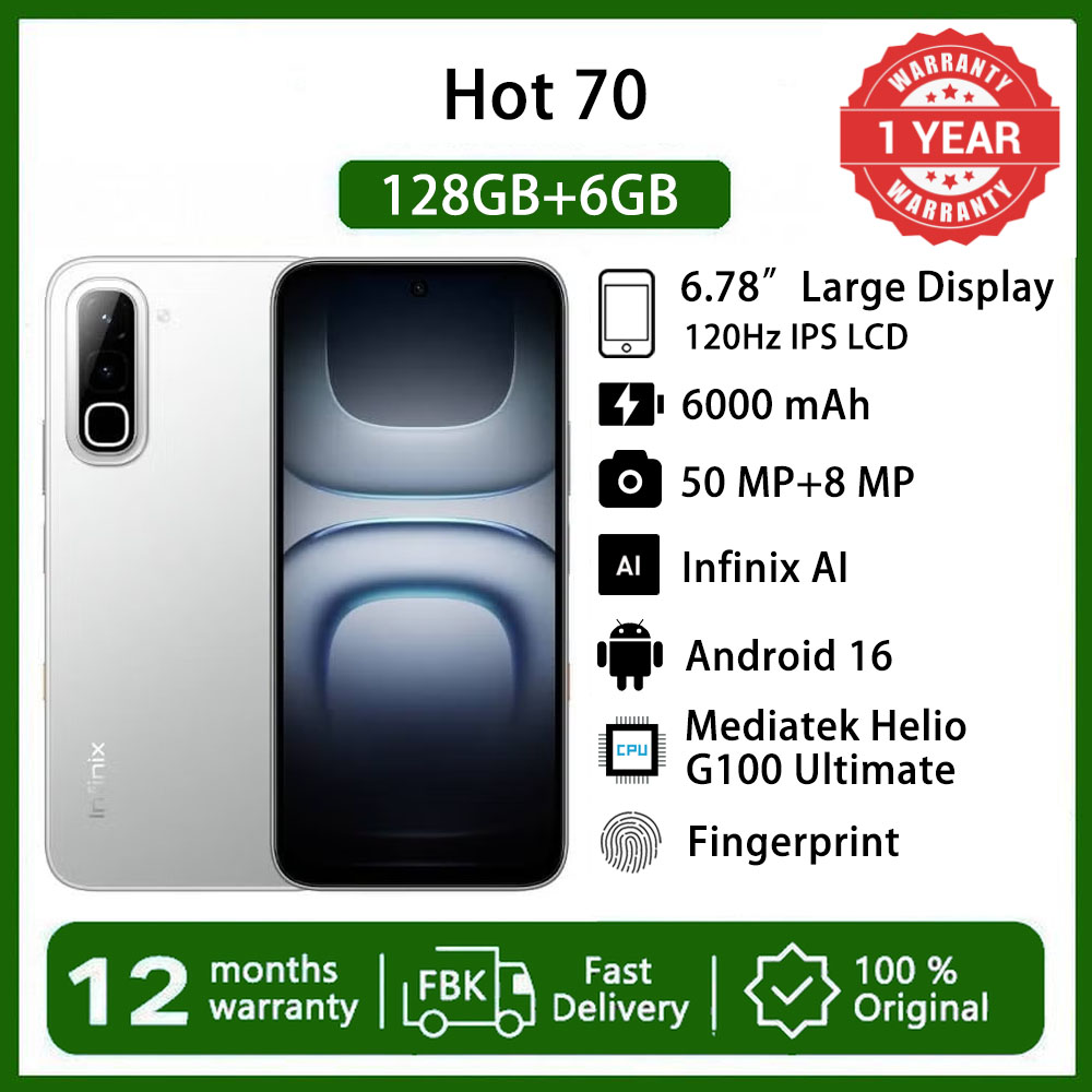 Infinix Hot 70 12(6+6)GB RAM+128GB  6.78'' 120Hz 4G Slim Phone Dual SIM 6000mAh 45W Fast Charging 50MP Camera Android 16 Side Fingerprint Lock IP65 Helio G100 Ultimate One-Tap AI Smart Phones