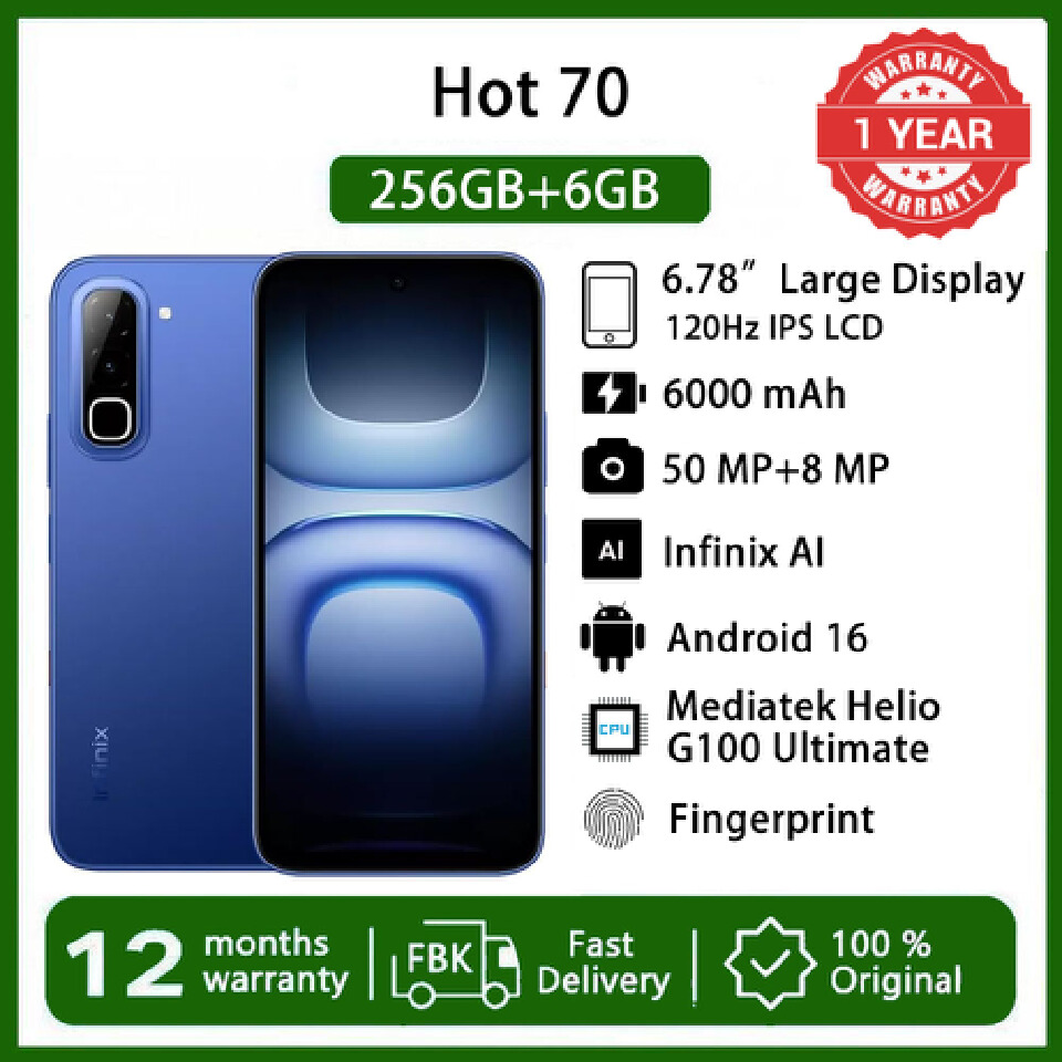 [Black Friday Sale] Infinix Hot 70 6GB RAM+256GB 6.78'' 120Hz 4G Slim Phone Dual SIM 6000mAh 45W Fast Charging 50MP Camera Fingerprint Lock IP65 Helio G100 Ultimate Android 16 AI Smart Phones