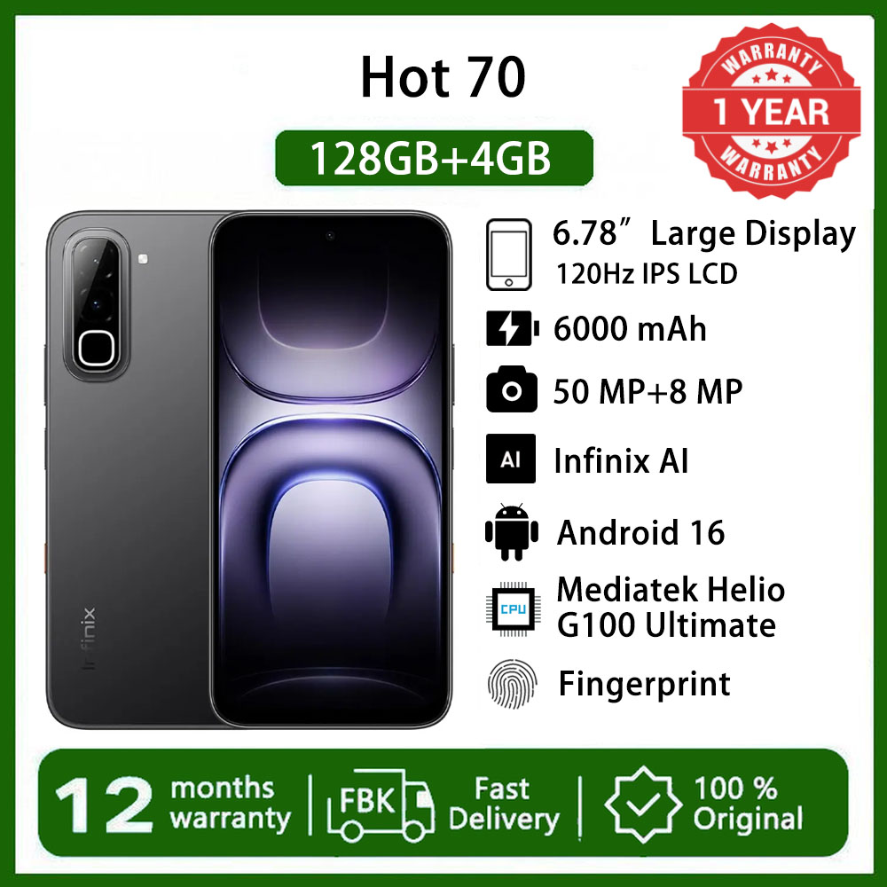Infinix Hot 70 8(4+4)GB RAM+128GB 6.78'' 120Hz 4G Slim Phone Dual SIM 6000mAh 45W Fast Charging 50MP Camera Side Fingerprint Lock IP65 Gyroscope G100 Ultimate Andriod One-Tap AI Smart Phones
