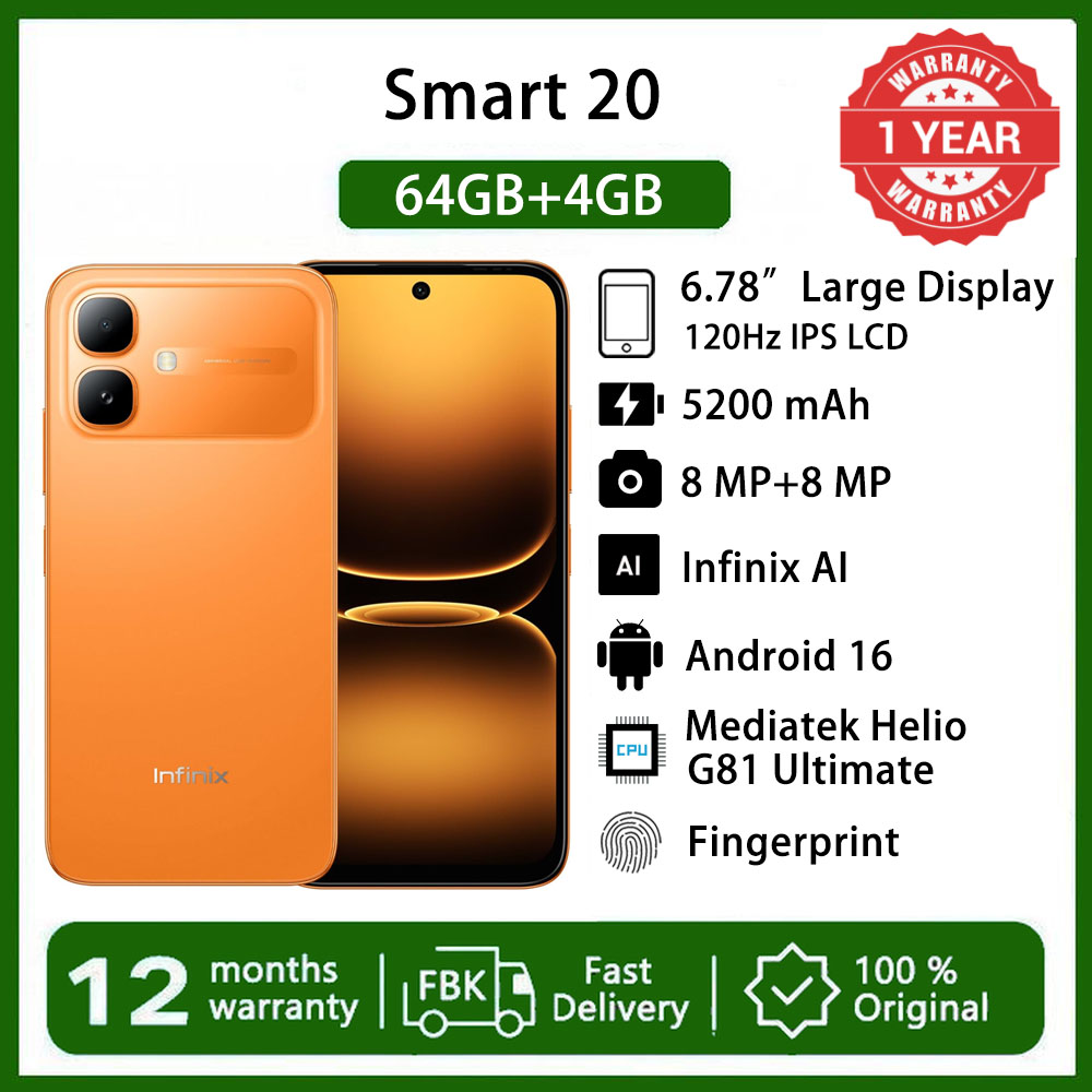 Infinix Smart 20 6.78" 120Hz Display 64GB+4GB 5200mAh Long-Life Battery 4G Dual SIM IP64 Waterproof 15W Charging NFC Fingerprint Lock Android16 Mediatek Helio G81 Ultimate  AI Smart Phones