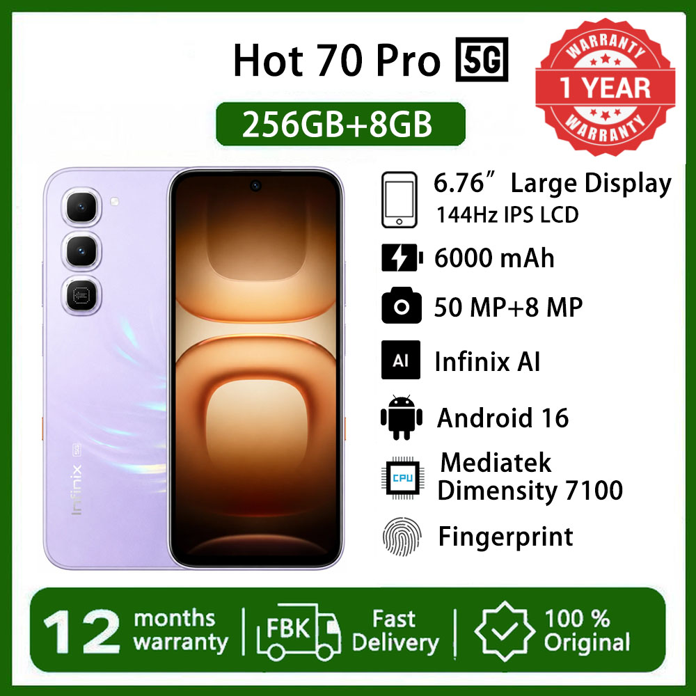 [Free Watch] Infinix Hot 70 Pro 5G Netwrok 256GB+8GB  6.78" 144Hz  Phone Dual SIM 6000mAh 45W Fast Charging 50MP Camera Fingerprint Lock IP68  Mediatek Dimensity 7100 One-Tap AI Smart Phones