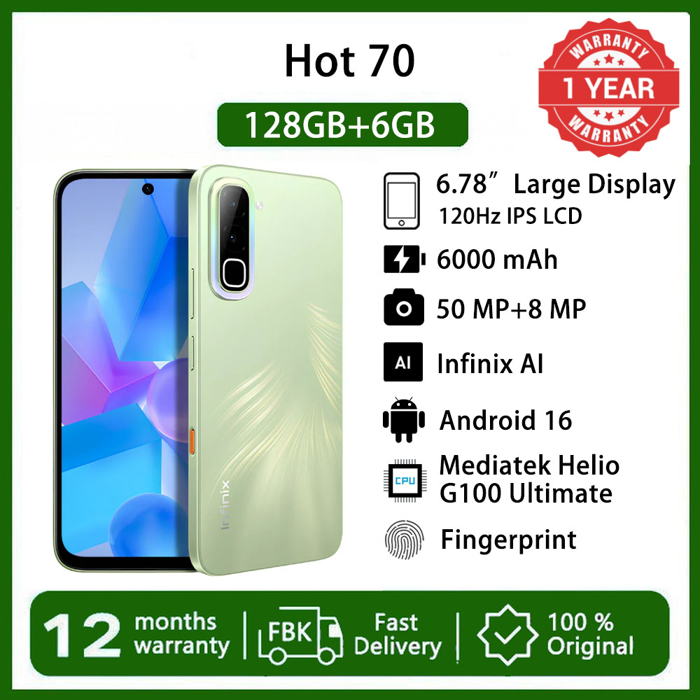 Infinix Hot 70 12(6+6)GB RAM+128GB  6.78'' 120Hz 4G Slim Phone Dual SIM 6000mAh 45W Fast Charging 50MP Camera Android 16 Side Fingerprint Lock IP65 Helio G100 Ultimate One-Tap AI Smart Phones