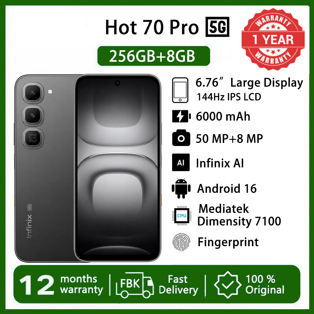 [Free Watch] Infinix Hot 70 Pro 5G Netwrok 256GB+8GB  6.78" 144Hz  Phone Dual SIM 6000mAh 45W Fast Charging 50MP Camera Fingerprint Lock IP68  Mediatek Dimensity 7100 One-Tap AI Smart Phones
