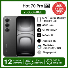 [Black Friday Sale] Infinix Hot 70 Pro 5G Netwrok 256GB+8GB  6.78" 144Hz  Phone Dual SIM 6000mAh 45W Fast Charging 50MP Camera Fingerprint Lock IP68  Mediatek Dimensity 7100 One-Tap AI Smart Phones