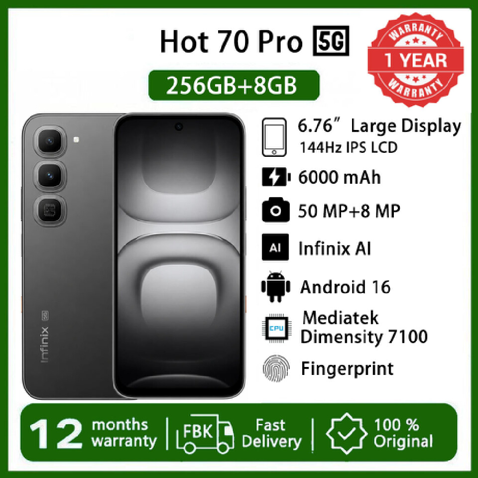 [Black Friday Sale] Infinix Hot 70 Pro 5G Netwrok 256GB+8GB  6.78" 144Hz  Phone Dual SIM 6000mAh 45W Fast Charging 50MP Camera Fingerprint Lock IP68  Mediatek Dimensity 7100 One-Tap AI Smart Phones
