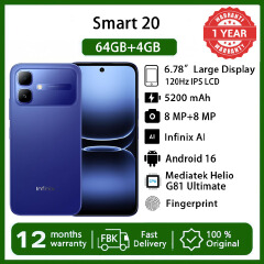 [Black Friday Sale] Infinix Smart 20 6.78" 64GB+4GB 120Hz Display Phone 5200mAh Battery 4G Dual SIM IP64 Waterproof 15W Charging Fingerprint Lock Android 16 Helio G81 Ultimate AI Smart Phones