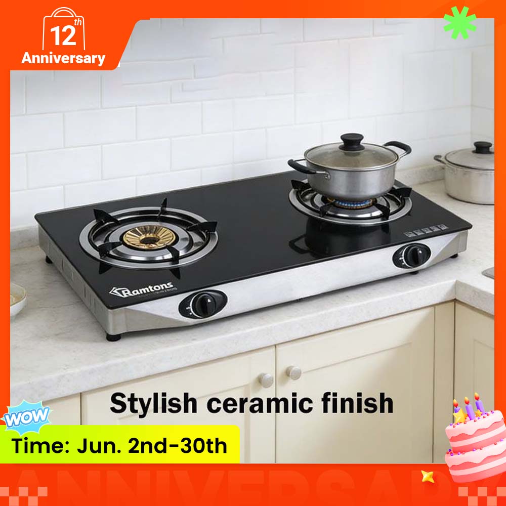 Ramtons RG/537 2 BURNER SUPER SLIM CERAMIC TOP,Dual gas burners, Stylish ceramic finish, Efficient Whirlwind burners, 6mm toughened glass top, Pulse auto-ignition,