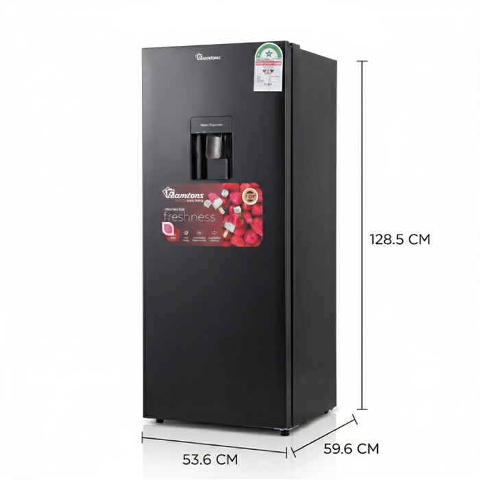 RAMTONS 183 LITRES SINGLE DOOR DIRECT COOL FRIDGE + DISPENSER, BLACK - RF/296