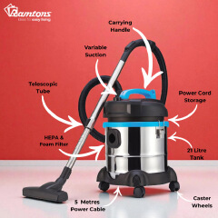 Ramtons RM/553  21L Wet & Dry Vacuum Cleaner 1400W, Stainless Steel Tank with HEPA Filter & Blower Port