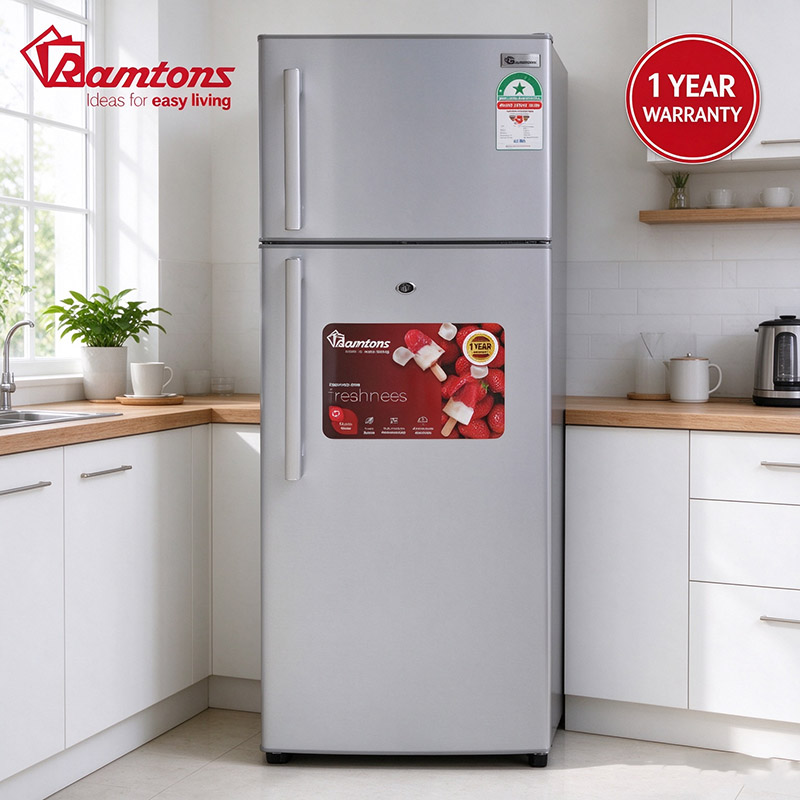 RAMTONS 213L Double Door Direct Cool Fridge, Silver, Adjustable Thermostat, Lockable Refrigerator Glass Shelves, Vegetable Crisper RF/217