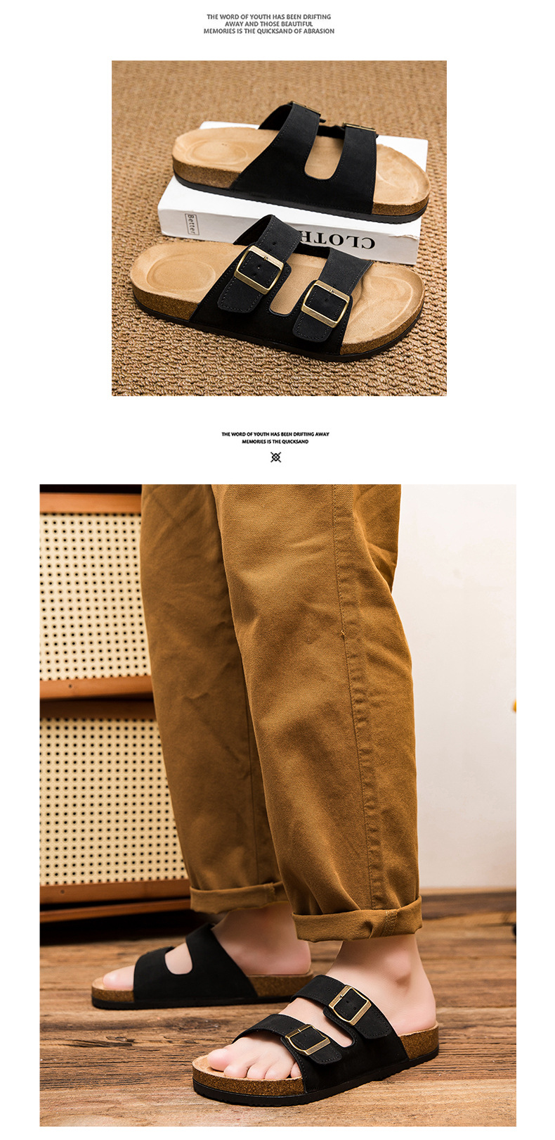 Lane Cork Footbed Mens Sandals, Adjustable Buckle Comfort Slides for Men, Genuine Leather Insole Summer