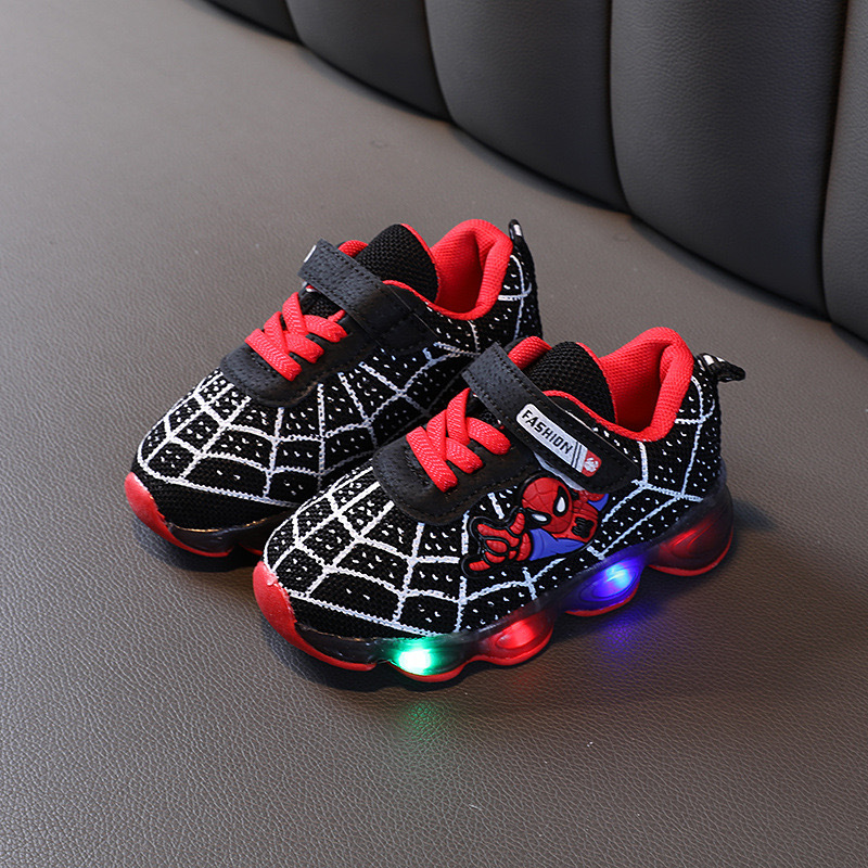 Baby and children's Spider-Man cartoon LED light-up shoes, children's light-up sneakers, boys' and girls' light mesh sneakers, lightweight, breathable, anti-slip sneakers.
