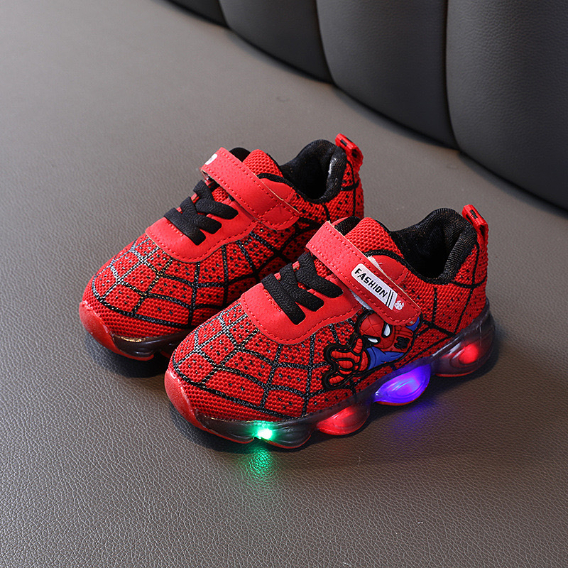 Baby and children's Spider-Man cartoon LED light-up shoes, children's light-up sneakers, boys' and girls' light mesh sneakers, lightweight, breathable, anti-slip sneakers.