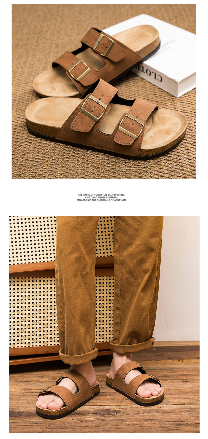 Lane Cork Footbed Mens Sandals, Adjustable Buckle Comfort Slides for Men, Genuine Leather Insole Summer