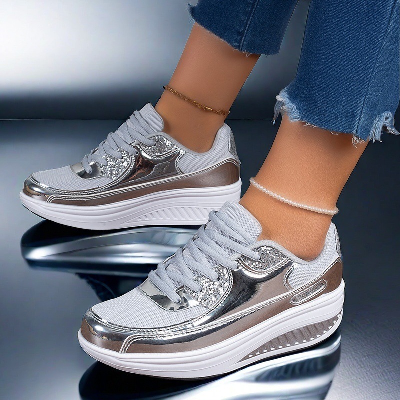 Large size rocking shoes for women, mesh breathable sneakers for women, height-increasing thick-soled platform casual sneakers.