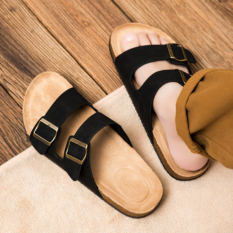 Lane Cork Footbed Mens Sandals, Adjustable Buckle Comfort Slides for Men, Genuine Leather Insole Summer