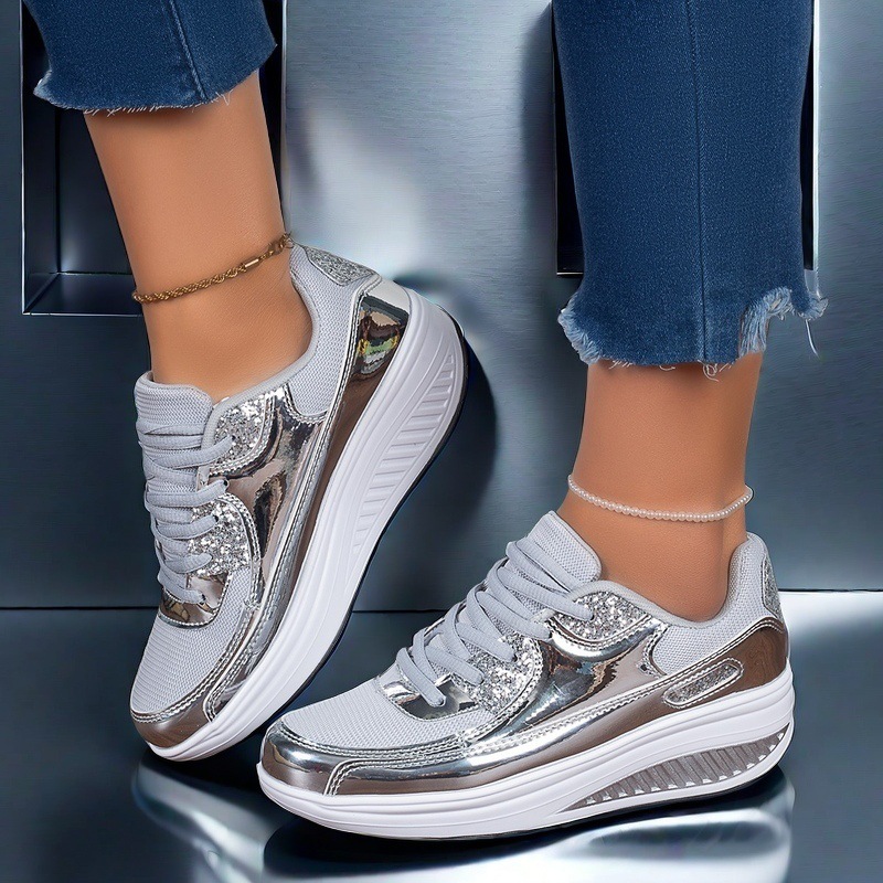 Large size rocking shoes for women, mesh breathable sneakers for women, height-increasing thick-soled platform casual sneakers.