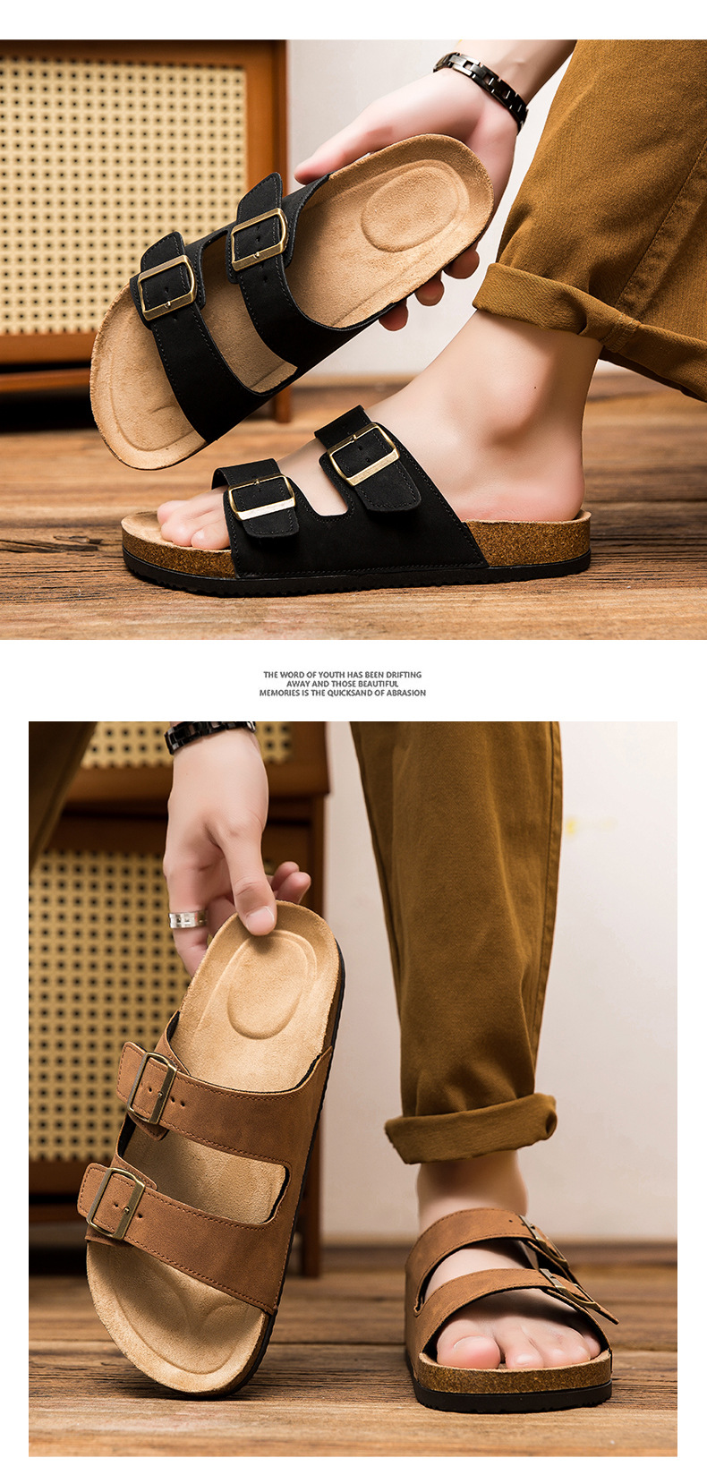Lane Cork Footbed Mens Sandals, Adjustable Buckle Comfort Slides for Men, Genuine Leather Insole Summer