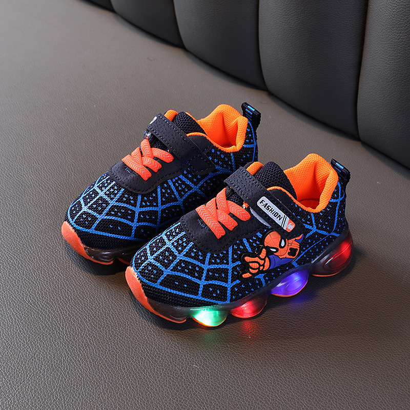 Baby and children's Spider-Man cartoon LED light-up shoes, children's light-up sneakers, boys' and girls' light mesh sneakers, lightweight, breathable, anti-slip sneakers.