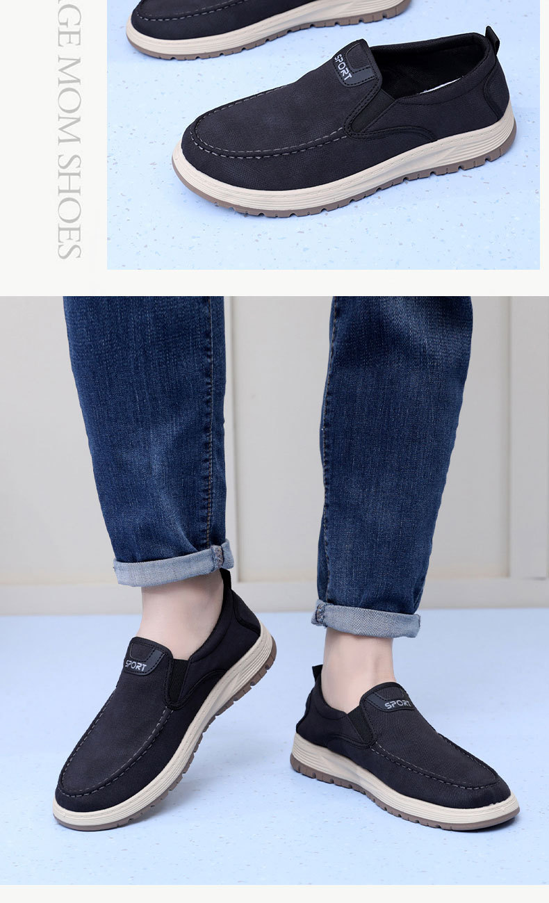 Old Beijing cloth shoes for men, breathable soft-sole shoes, black casual canvas shoes, slip-on comfortable men's shoes, flat-sole shoes, outdoor hiking shoes.