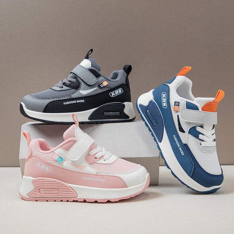 Kids Sneakers Boys Girls Air Cushion Running Shoes Lightweight Non-Slip Athletic Walking Shoes Casual Chunky Sneakers with Velcro Strap Breathable PU Leather School Sports Shoes for Little Big Kids