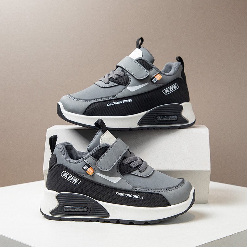 Kids Sneakers Boys Girls Air Cushion Running Shoes Lightweight Non-Slip Athletic Walking Shoes Casual Chunky Sneakers with Velcro Strap Breathable PU Leather School Sports Shoes for Little Big Kids