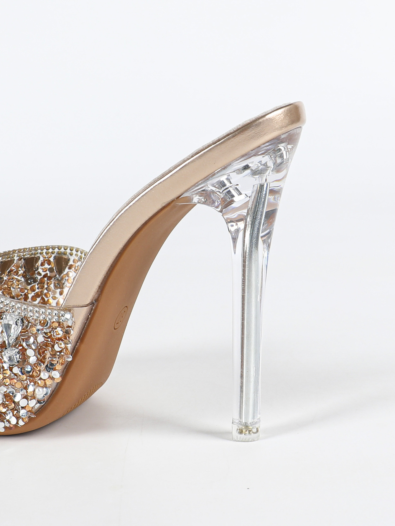 Women Rhinestone Mules Clear Heel Open Toe High Heels Slip On Slide Sandals Bling Crystal Party Wedding Shoes Silver Black Champagne Gold Size 35-43