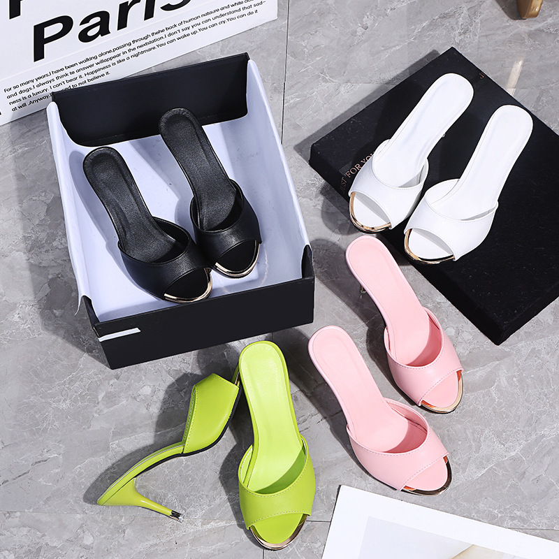 Women High Heel Mules Peep Toe Stiletto Sandals Ladies Fish Mouth Slides Metal Toe Cap Slip On Party Shoes White Green Black Pink Size 34-40