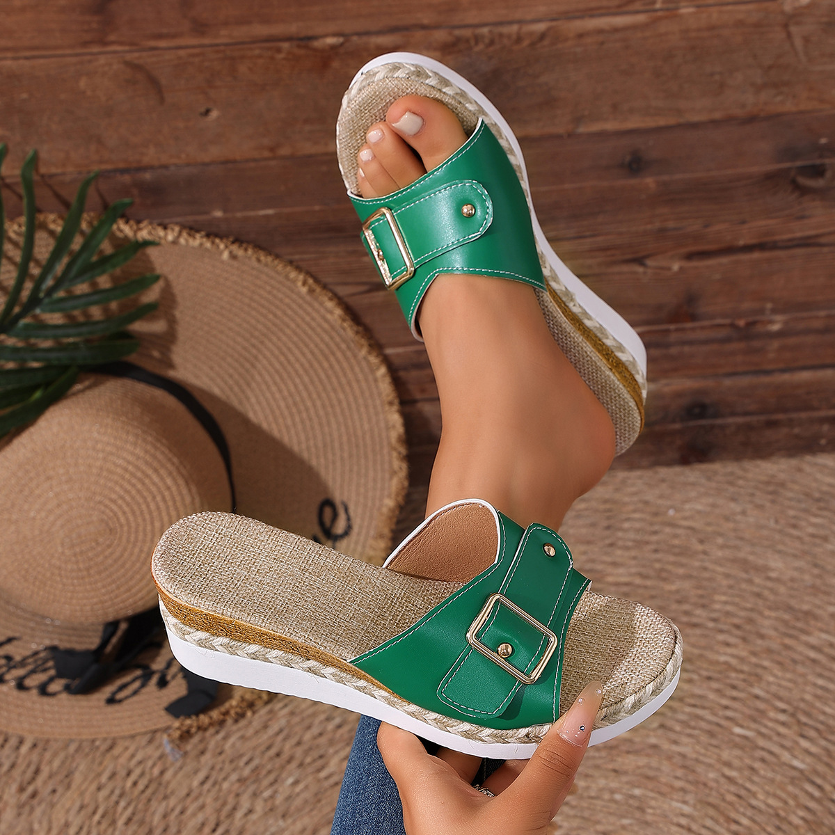 Women Wedge Sandals Ladies Fish Mouth Slides Buckle Strap Beach Shoes Breathable Non-Slip Soft Sole Comfortable Height Increasing Summer Open Shoes Size 36-43