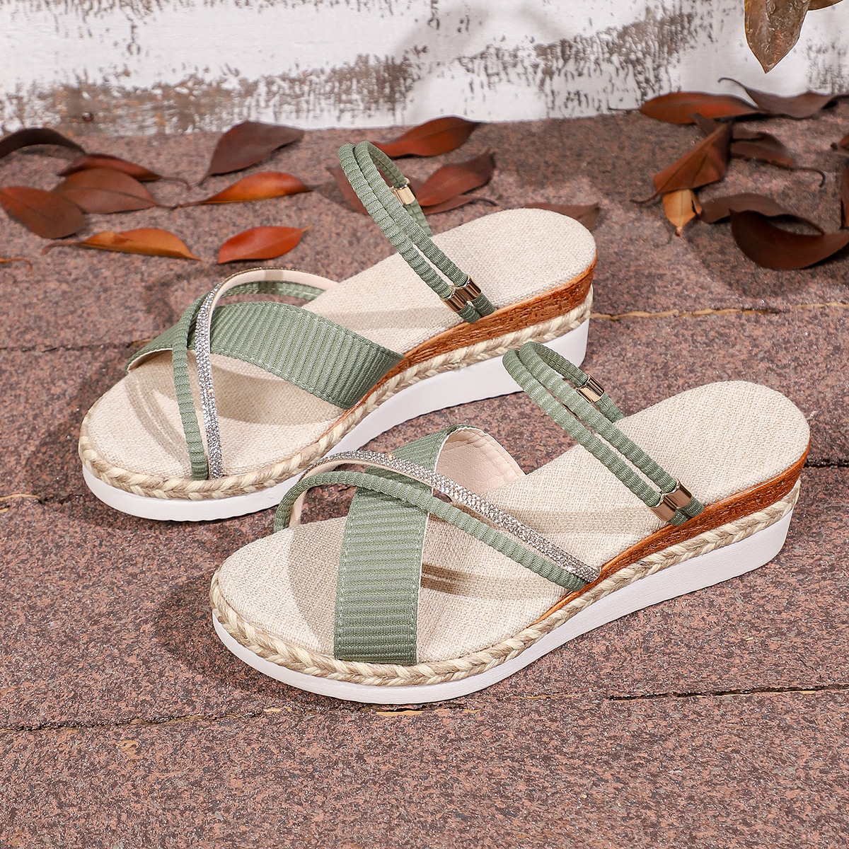 Women Roman Sandals Ladies Wedge Sandals Cross Strap Rhinestone Summer Beach Shoes Breathable Fish Mouth Open Shoes Non-Slip Comfortable Slides Size 36-43