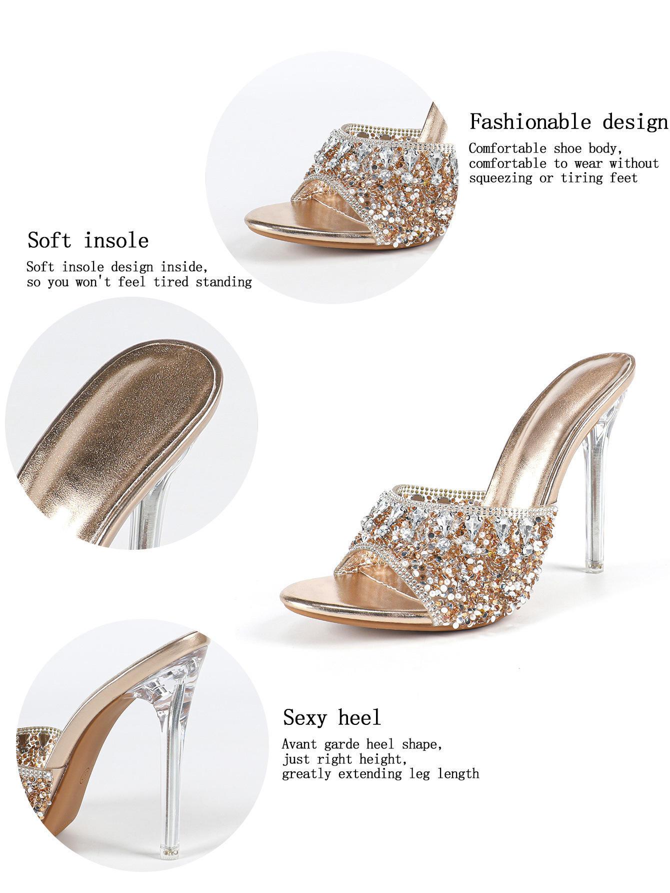 Women Rhinestone Mules Clear Heel Open Toe High Heels Slip On Slide Sandals Bling Crystal Party Wedding Shoes Silver Black Champagne Gold Size 35-43