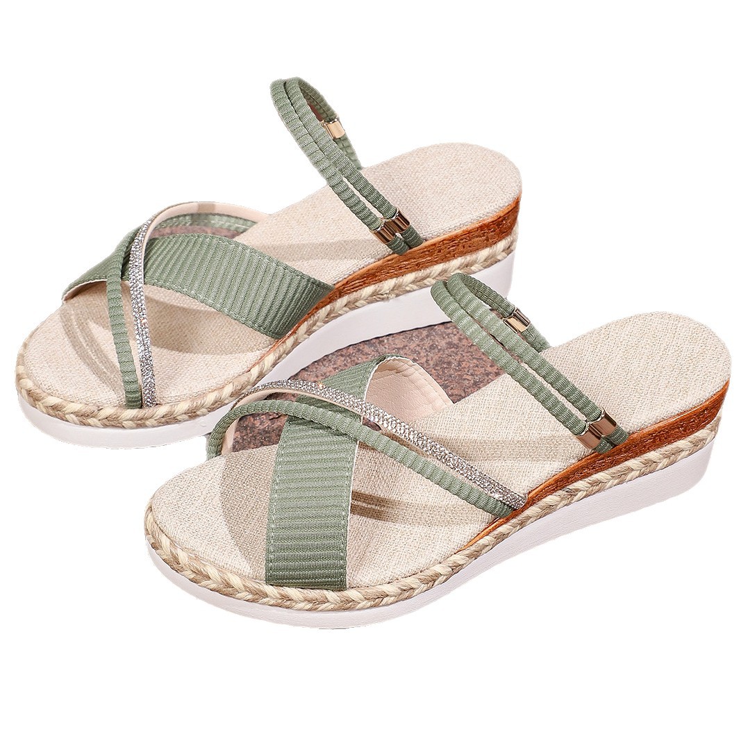 Women Roman Sandals Ladies Wedge Sandals Cross Strap Rhinestone Summer Beach Shoes Breathable Fish Mouth Open Shoes Non-Slip Comfortable Slides Size 36-43