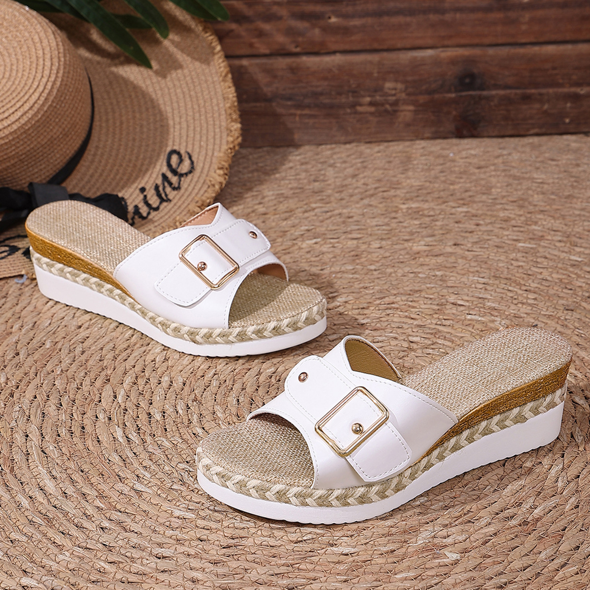 Women Wedge Sandals Ladies Fish Mouth Slides Buckle Strap Beach Shoes Breathable Non-Slip Soft Sole Comfortable Height Increasing Summer Open Shoes Size 36-43