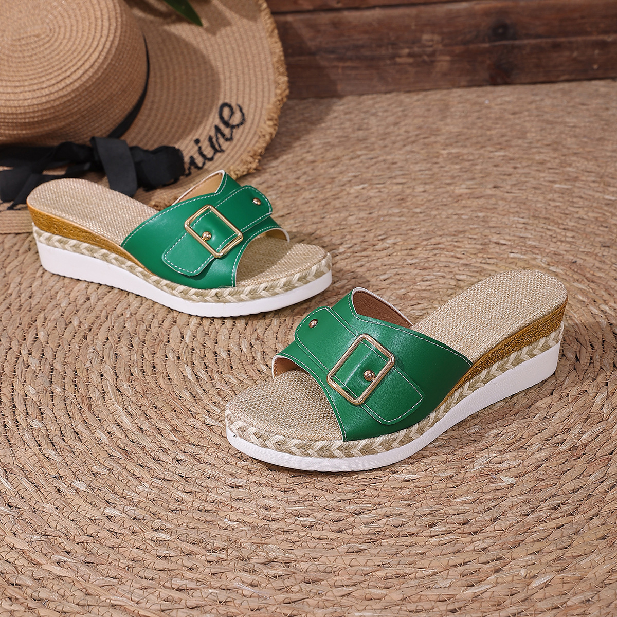 Women Wedge Sandals Ladies Fish Mouth Slides Buckle Strap Beach Shoes Breathable Non-Slip Soft Sole Comfortable Height Increasing Summer Open Shoes Size 36-43