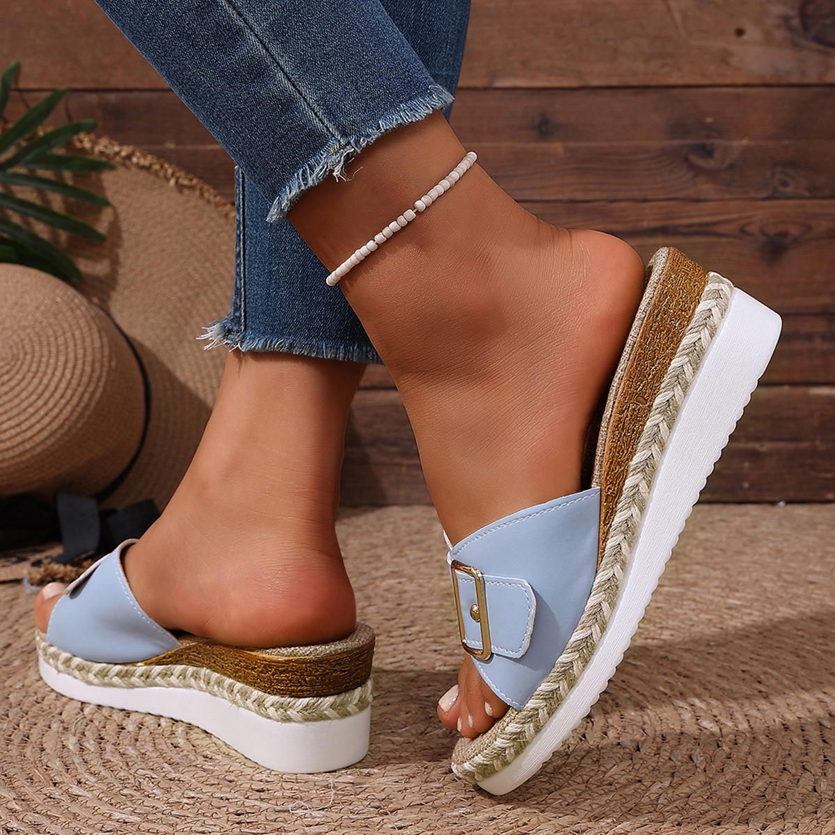 Women Wedge Sandals Ladies Fish Mouth Slides Buckle Strap Beach Shoes Breathable Non-Slip Soft Sole Comfortable Height Increasing Summer Open Shoes Size 36-43