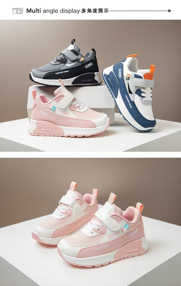 Kids Sneakers Boys Girls Air Cushion Running Shoes Lightweight Non-Slip Athletic Walking Shoes Casual Chunky Sneakers with Velcro Strap Breathable PU Leather School Sports Shoes for Little Big Kids
