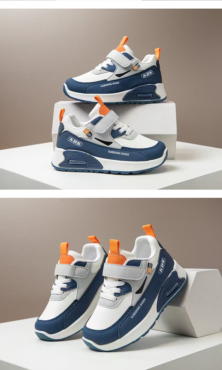 Kids Sneakers Boys Girls Air Cushion Running Shoes Lightweight Non-Slip Athletic Walking Shoes Casual Chunky Sneakers with Velcro Strap Breathable PU Leather School Sports Shoes for Little Big Kids