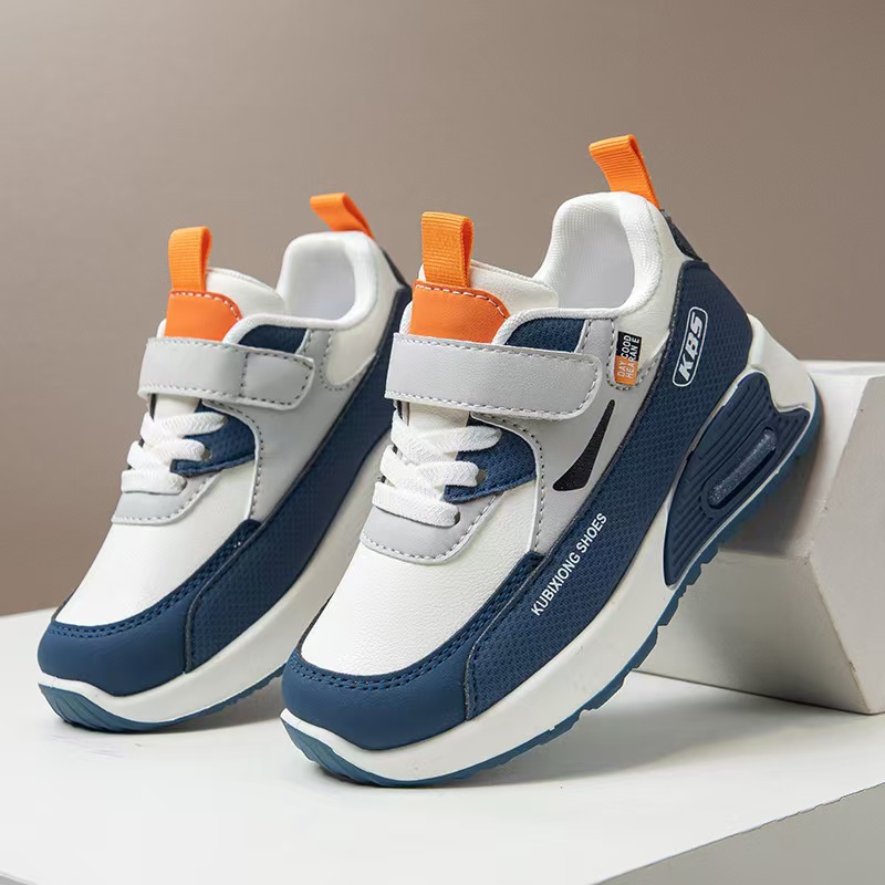 Kids Sneakers Boys Girls Air Cushion Running Shoes Lightweight Non-Slip Athletic Walking Shoes Casual Chunky Sneakers with Velcro Strap Breathable PU Leather School Sports Shoes for Little Big Kids