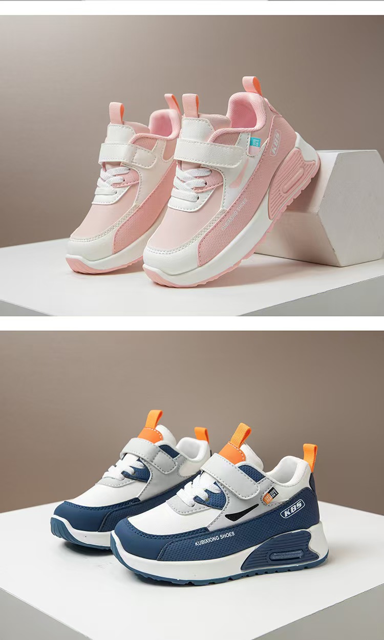 Kids Sneakers Boys Girls Air Cushion Running Shoes Lightweight Non-Slip Athletic Walking Shoes Casual Chunky Sneakers with Velcro Strap Breathable PU Leather School Sports Shoes for Little Big Kids
