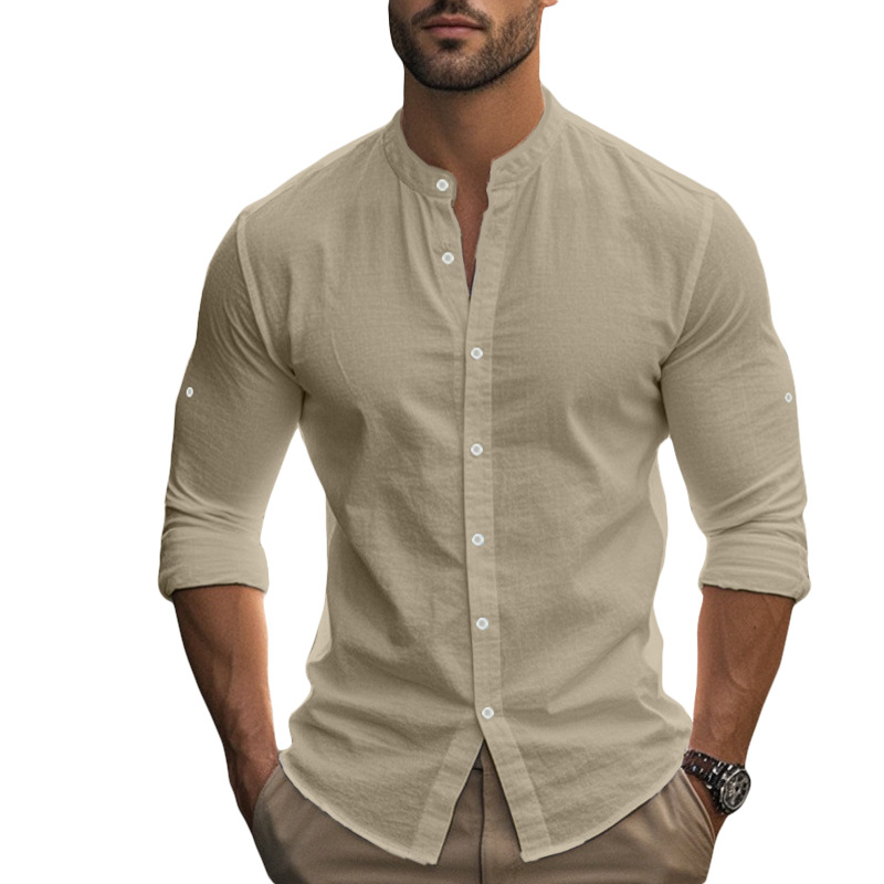 Clothes > Men's Clothing > Tops > Shirts Men's Hawaiian Style Long Sleeve Cotton Linen Shirt with Stand Collar