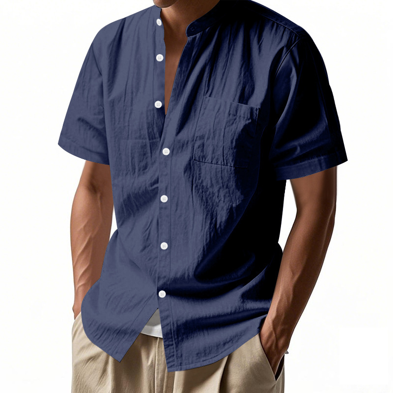 Clothes > Men's Clothing > Tops > T-Shirts  Summer Men's Loose Short Sleeve Stand Collar Linen Shirt T-Shirt S-3XL