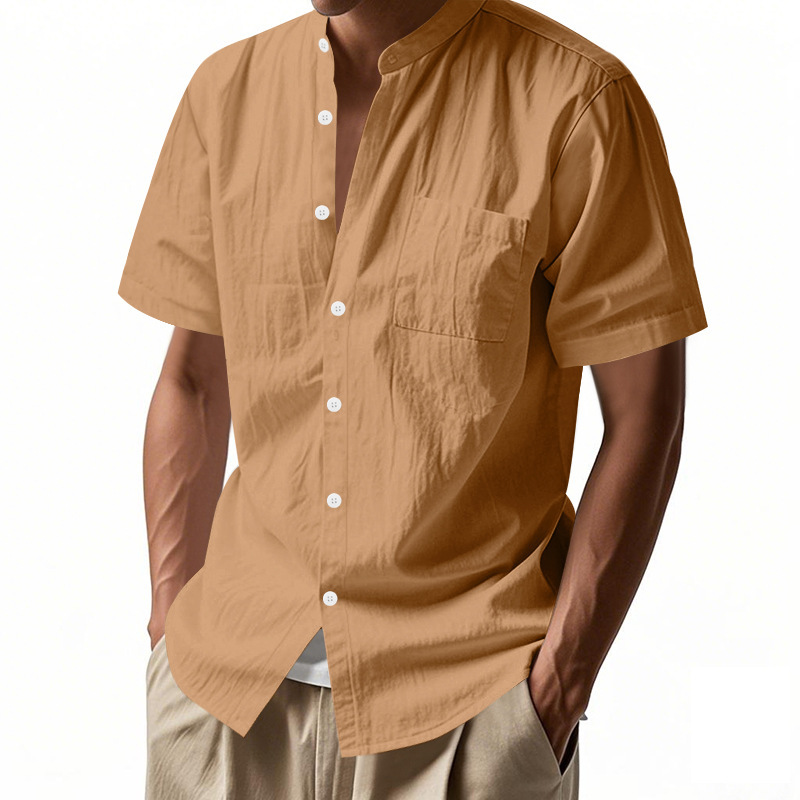 Clothes > Men's Clothing > Tops > T-Shirts  Summer Men's Loose Short Sleeve Stand Collar Linen Shirt T-Shirt S-3XL