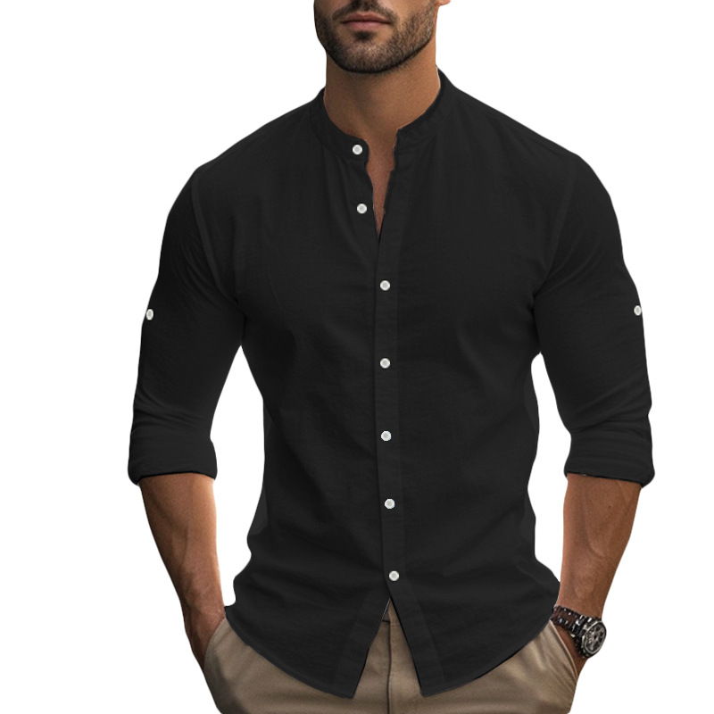 Clothes > Men's Clothing > Tops > Shirts Men's Hawaiian Style Long Sleeve Cotton Linen Shirt with Stand Collar