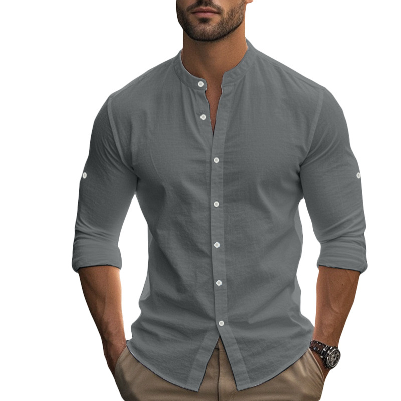 Clothes > Men's Clothing > Tops > Shirts Men's Hawaiian Style Long Sleeve Cotton Linen Shirt with Stand Collar