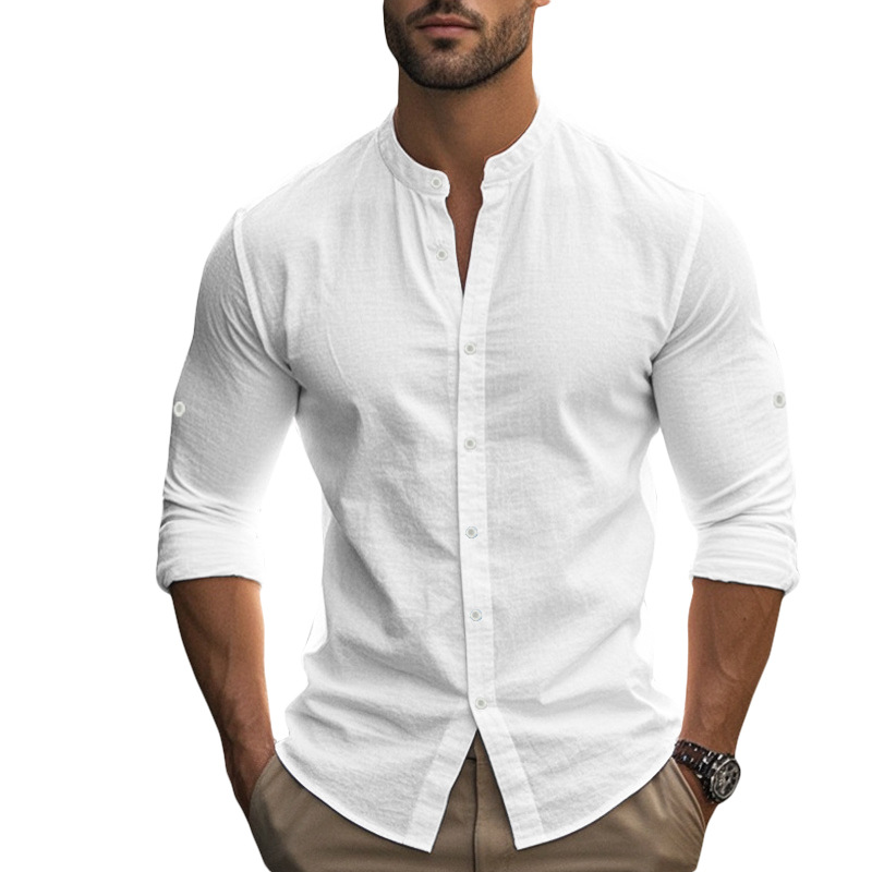 Clothes > Men's Clothing > Tops > Shirts Men's Hawaiian Style Long Sleeve Cotton Linen Shirt with Stand Collar