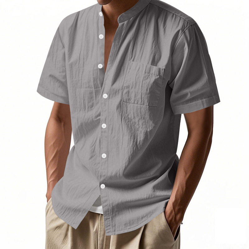 Clothes > Men's Clothing > Tops > T-Shirts  Summer Men's Loose Short Sleeve Stand Collar Linen Shirt T-Shirt S-3XL