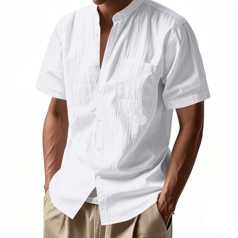 Clothes > Men's Clothing > Tops > T-Shirts  Summer Men's Loose Short Sleeve Stand Collar Linen Shirt T-Shirt S-3XL