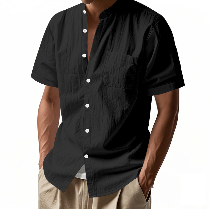 Clothes > Men's Clothing > Tops > T-Shirts  Summer Men's Loose Short Sleeve Stand Collar Linen Shirt T-Shirt S-3XL